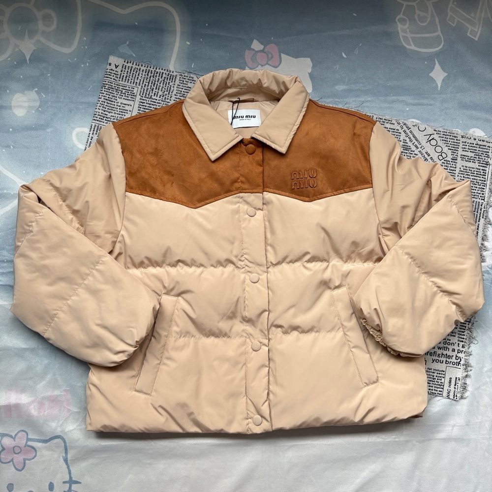 Miu Miu Suede-Trimmed Down Jacket With Lapel